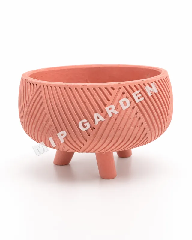 Çizgili Yuvarlak Beton Saksı - Pembe saksı, 14 x 14 x 17 cm (ayaklar dahil)