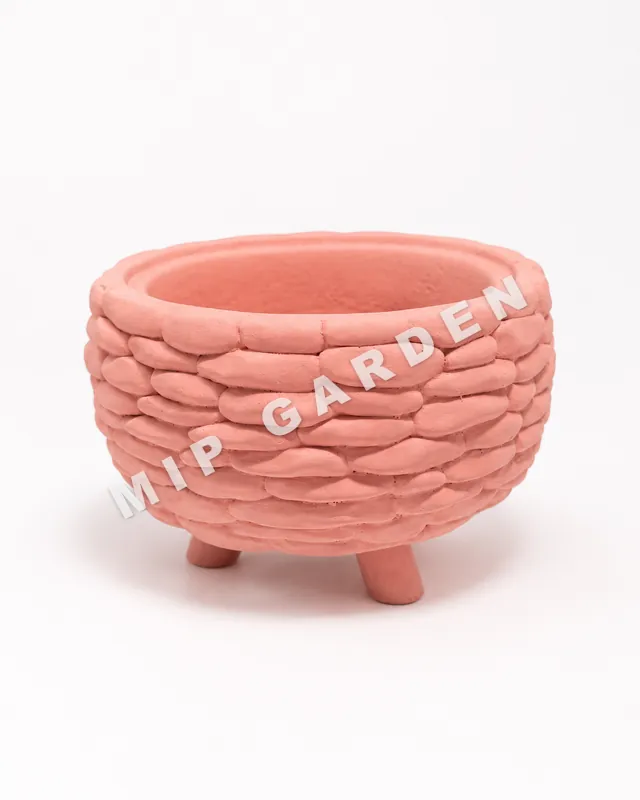 Taş Dokulu Yuvarlak Beton Saksı - Pembe saksı, 15 x 15 x 16 cm (ayaklar dahil)