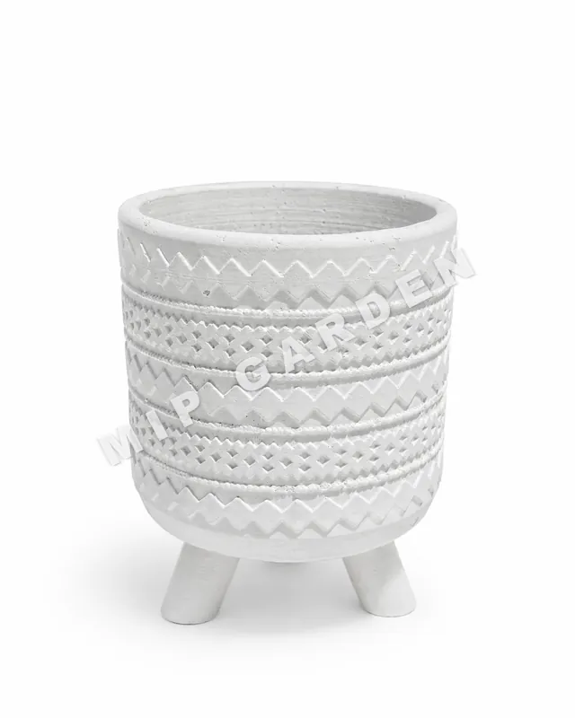 Tribal Desenli Beton Saksı - Beyaz saksı, 13 x 13 x 17 cm (ayaklar dahil)
